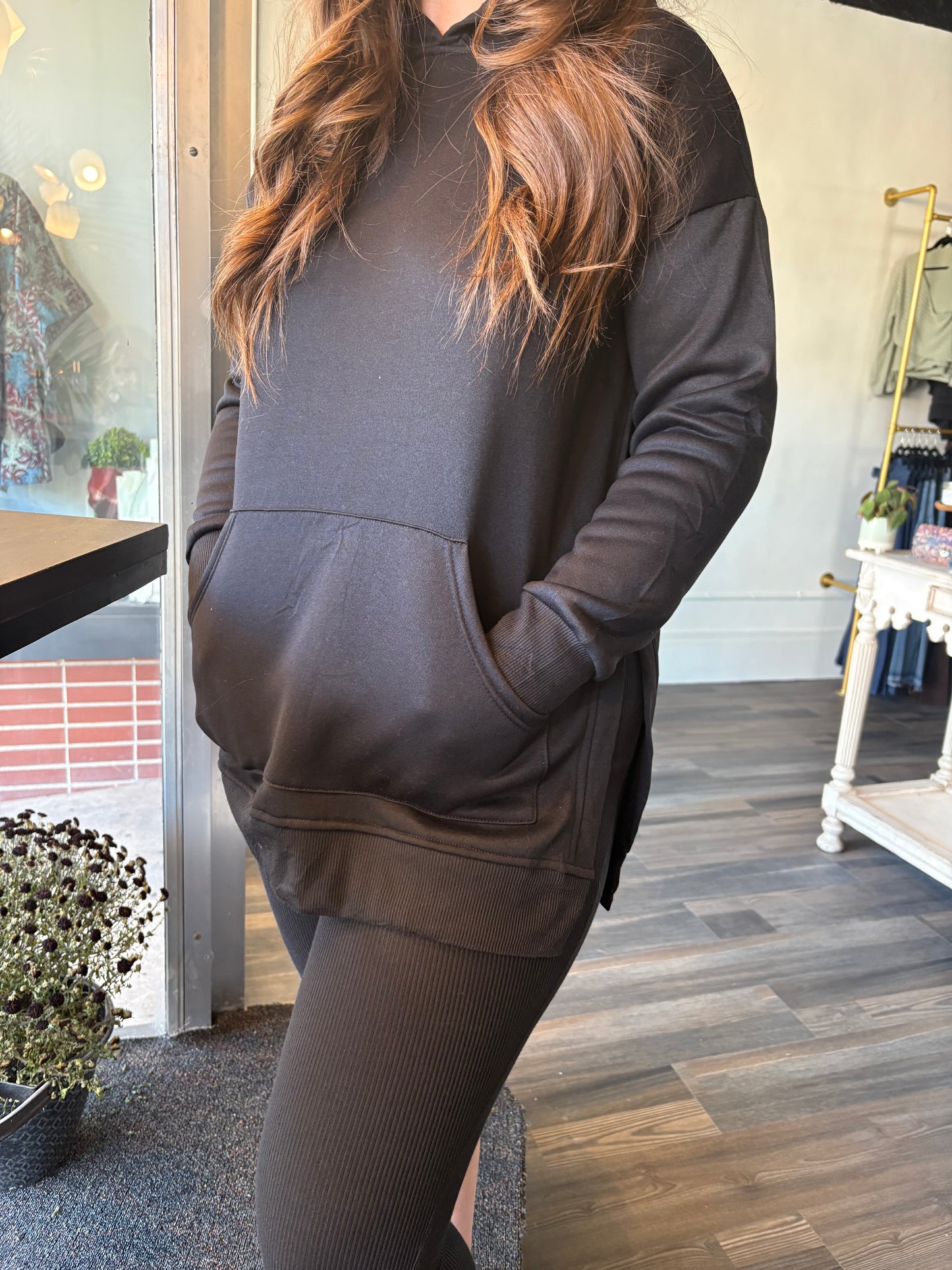 Solid Color Hoodie And Ribbed Leggings Two-Piece Set