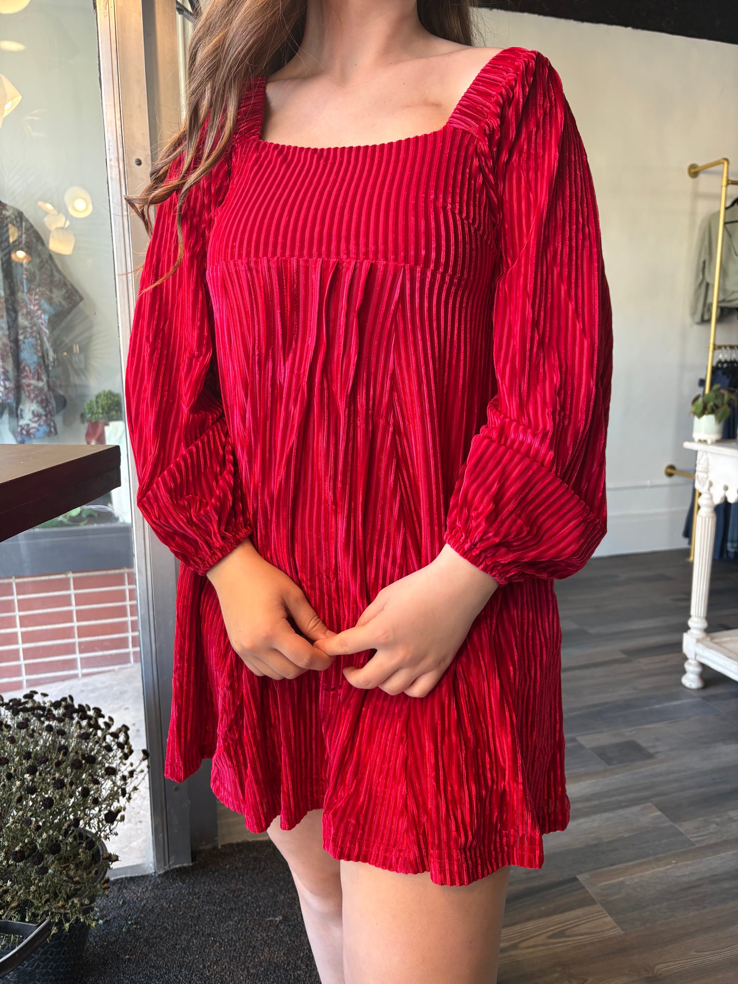 Velvet Square Neck Babydoll Dress with Tie Back Detail