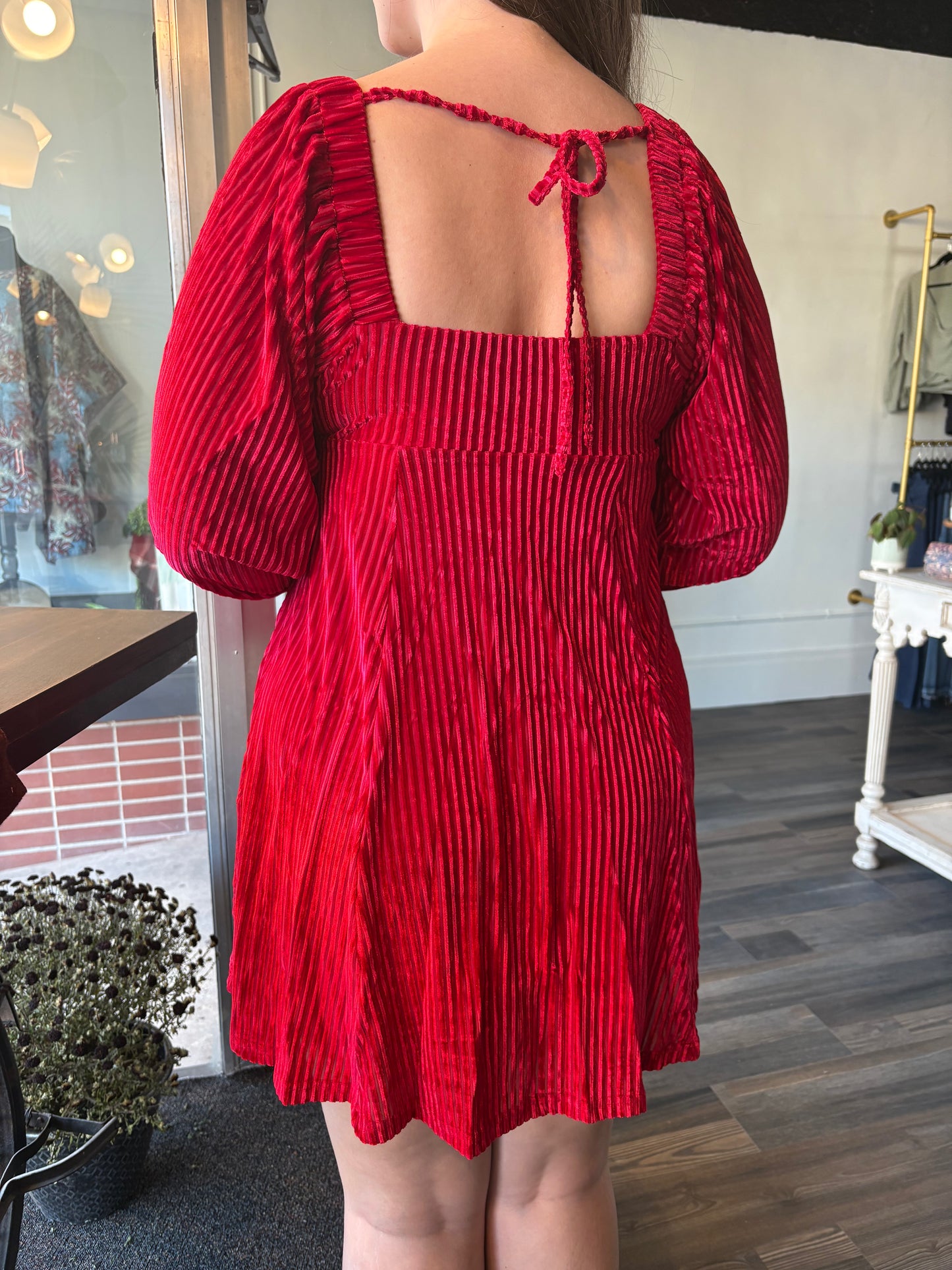 Velvet Square Neck Babydoll Dress with Tie Back Detail