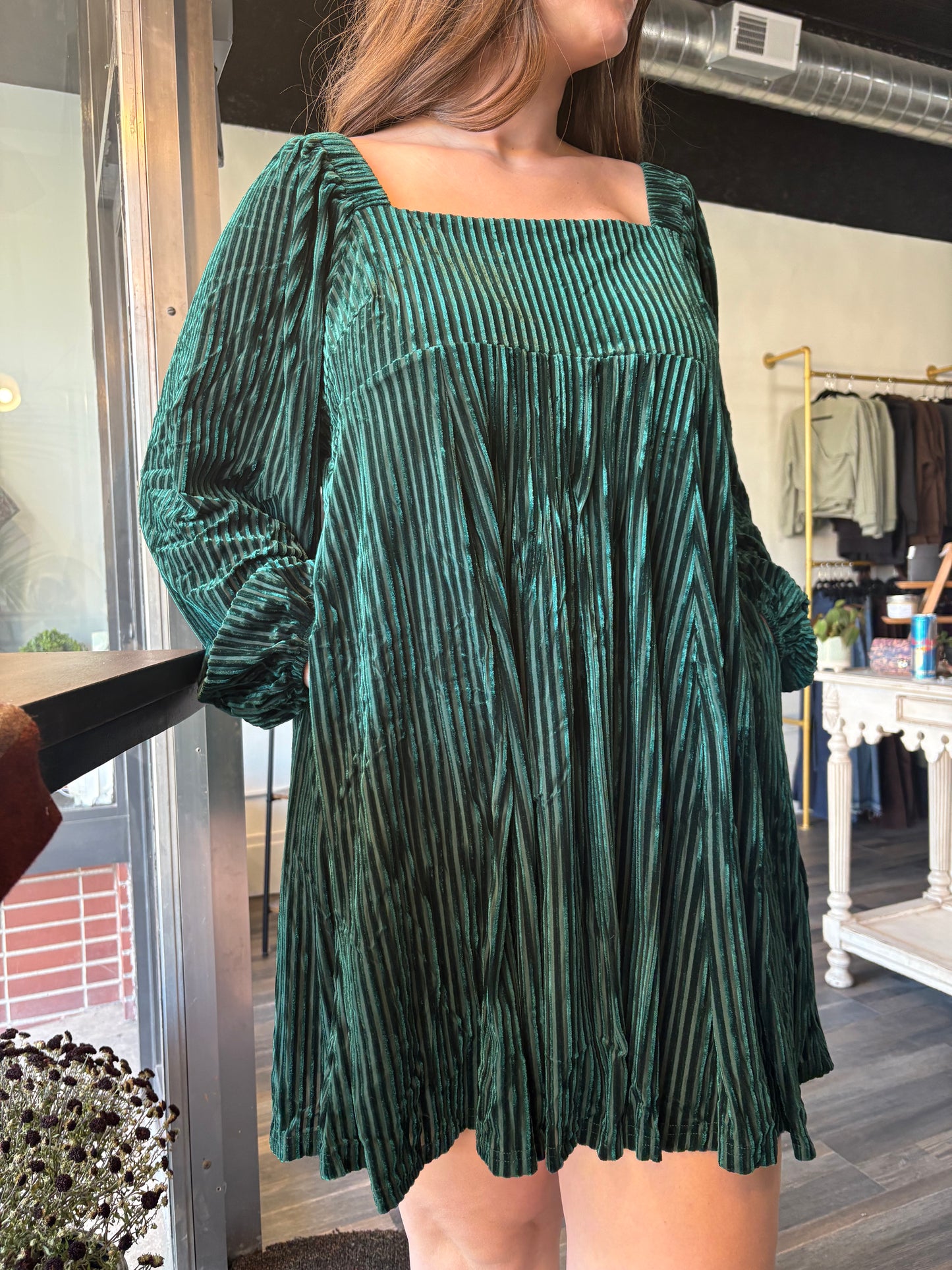 Velvet Square Neck Babydoll Dress with Tie Back Detail