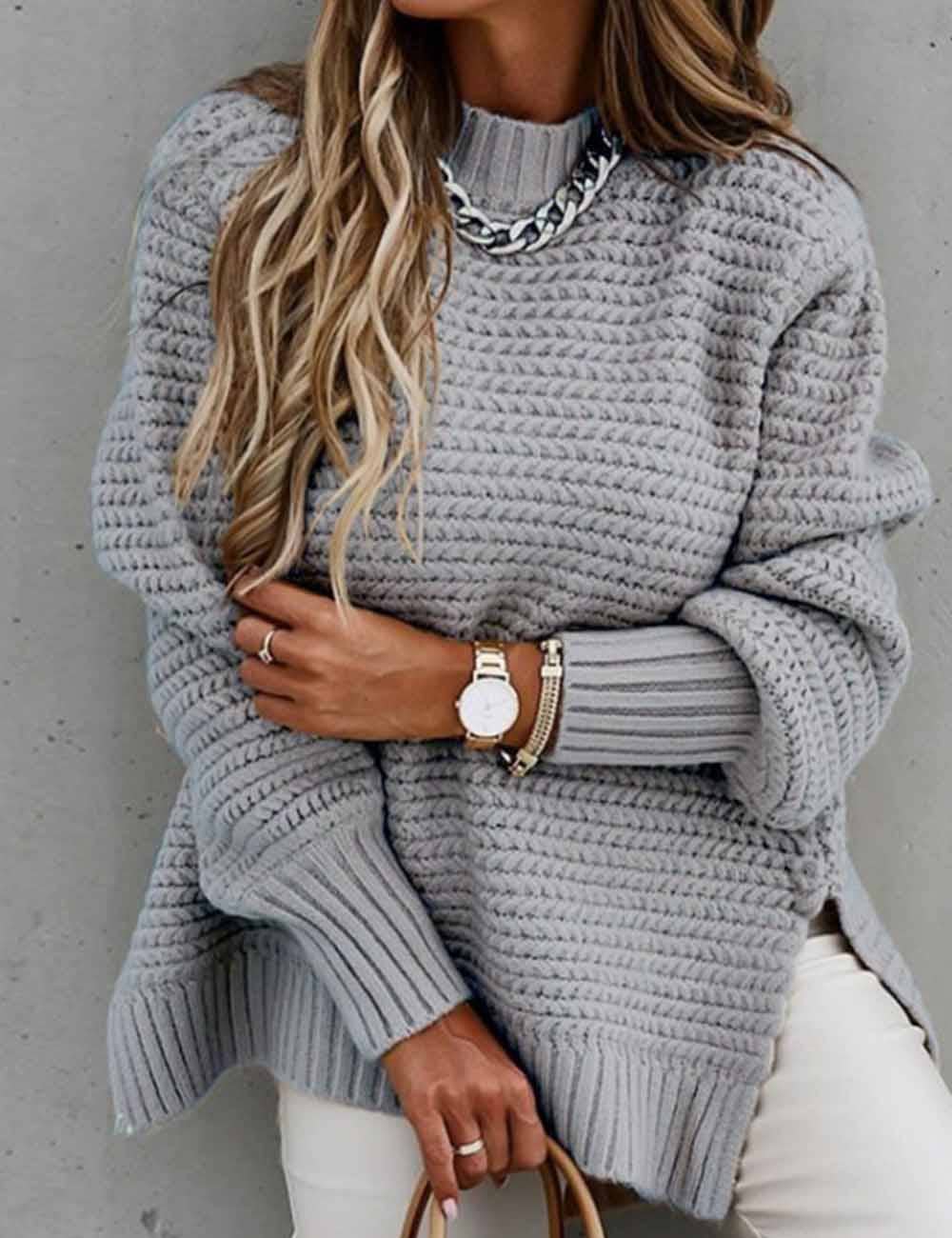 Ladies Solid Color Pullover Side Split Long Sleeves Sweater