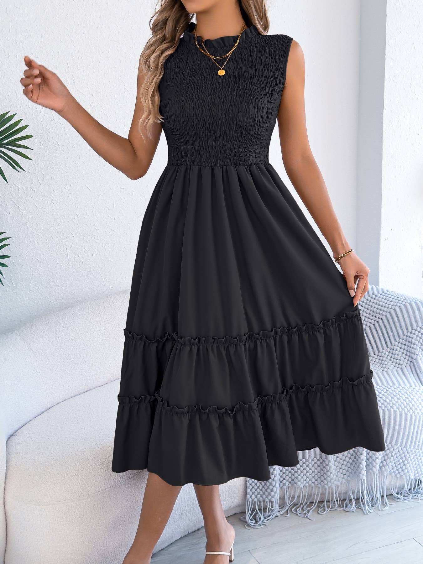 Smocked Bodice Tiered Midi Dress