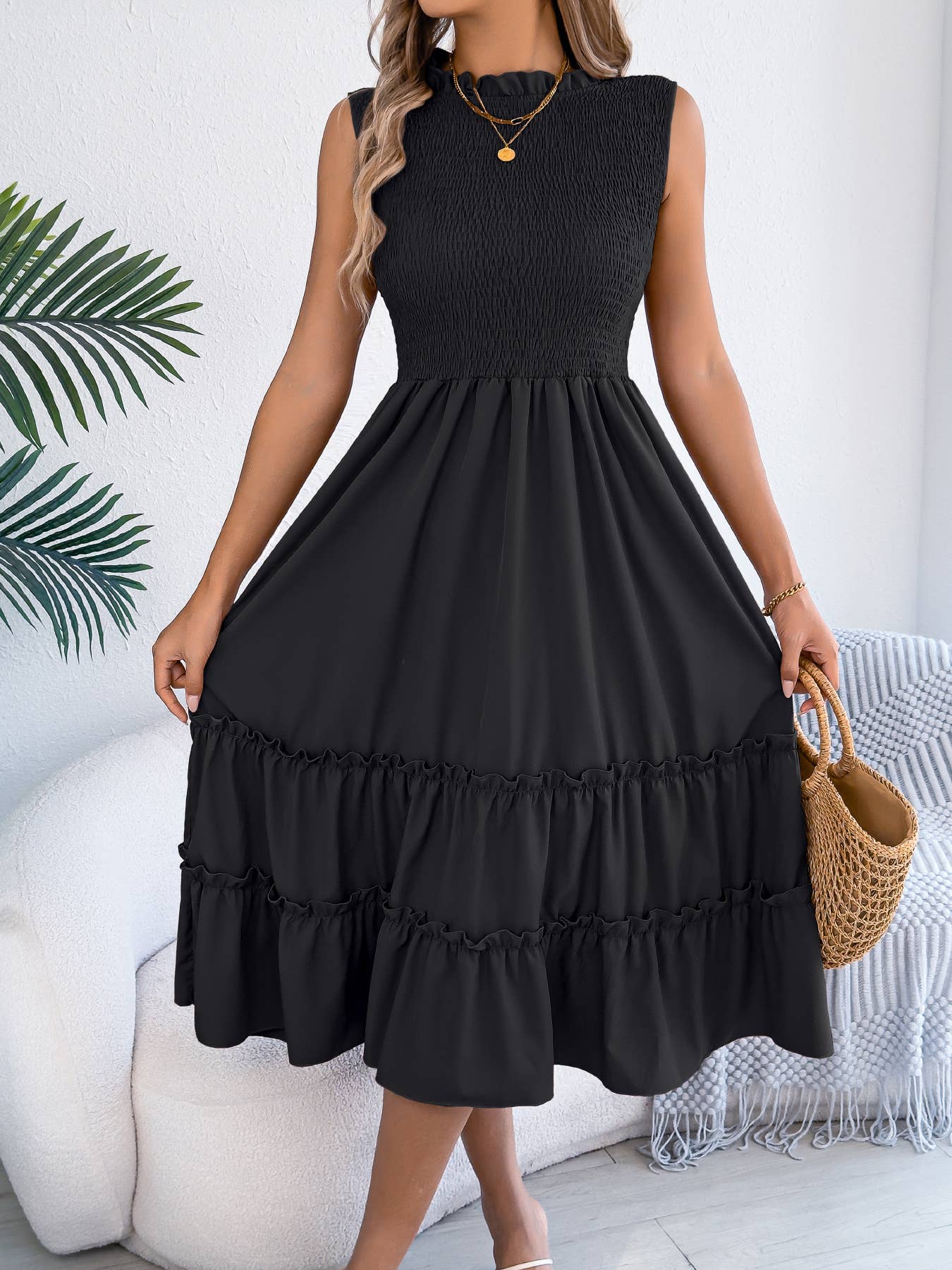 Smocked Bodice Tiered Midi Dress