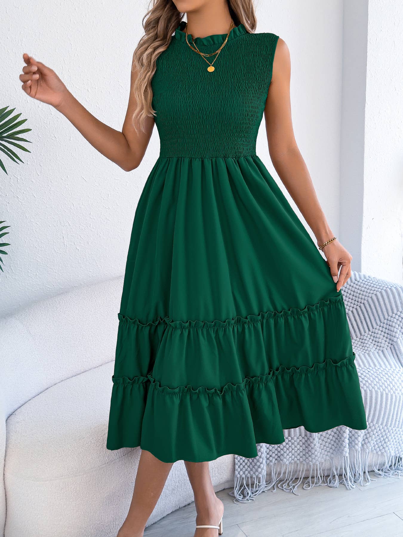 Smocked Bodice Tiered Midi Dress