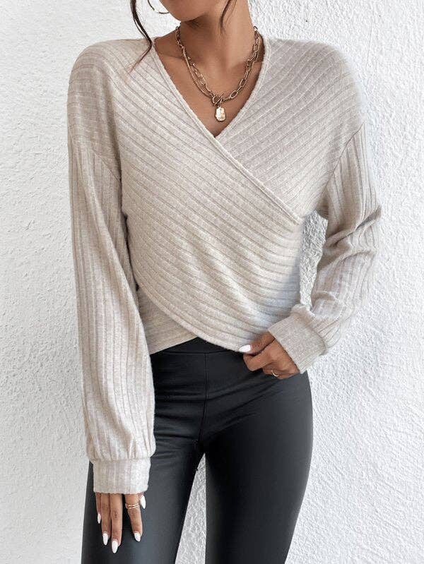 Solid V-Neck Cross Loose Long Sleeves Blouse G1061