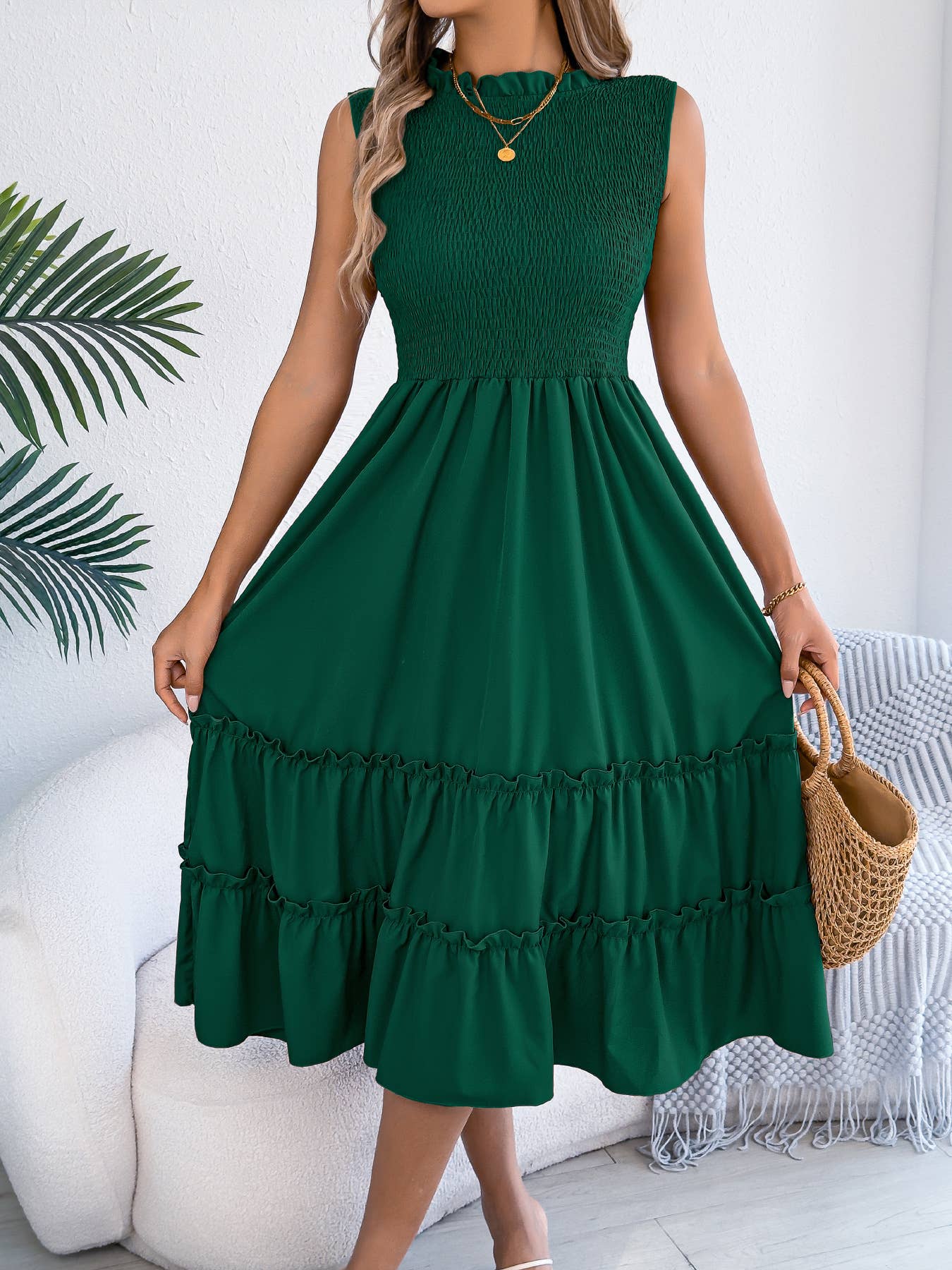 Smocked Bodice Tiered Midi Dress