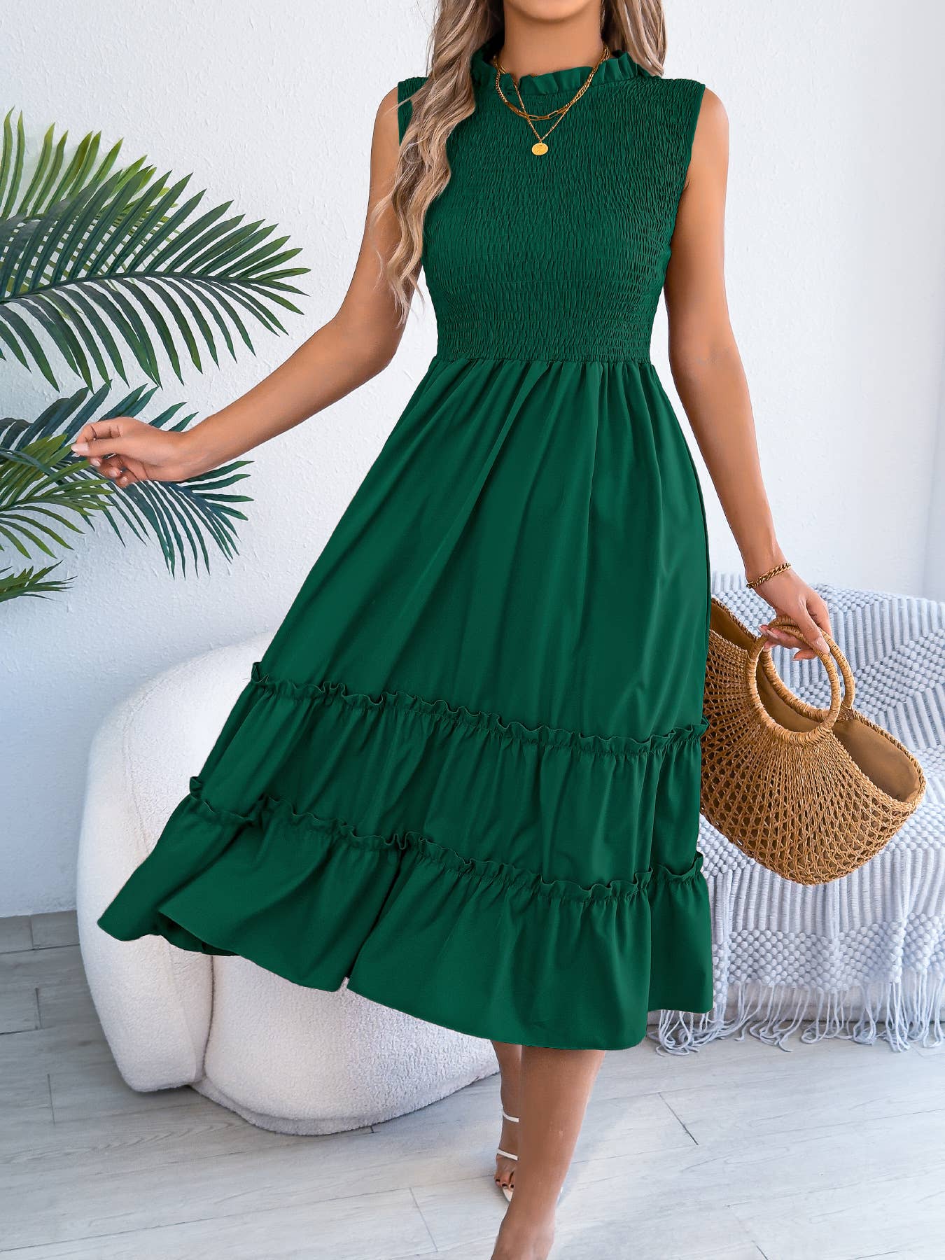 Smocked Bodice Tiered Midi Dress