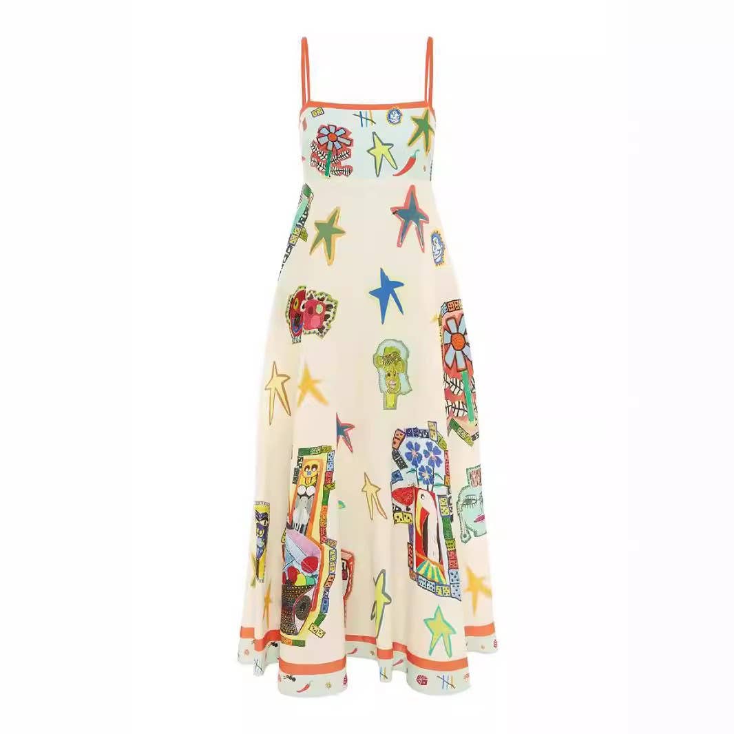 Linen Graffiti Print Swing Dress