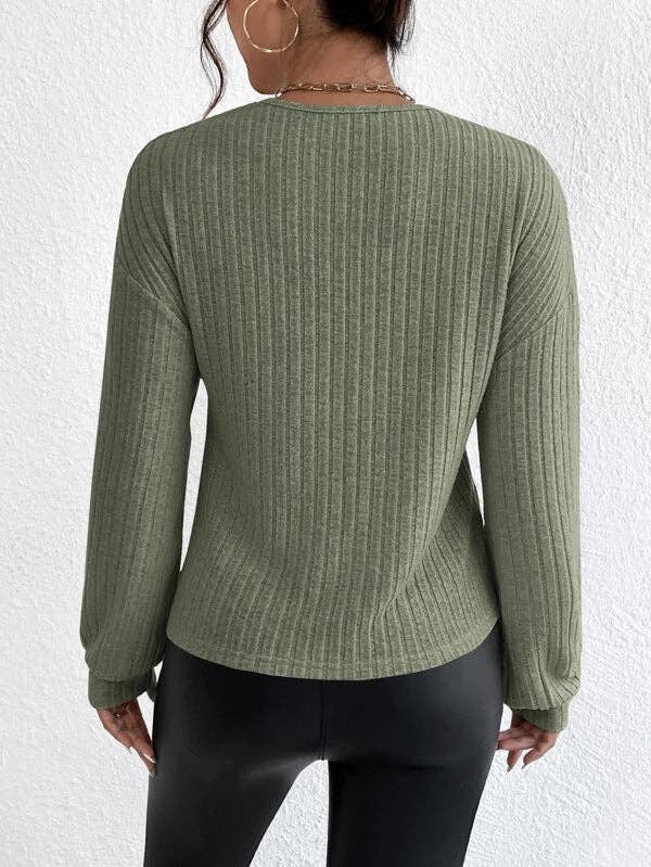 Solid V-Neck Cross Loose Long Sleeves Blouse G1061