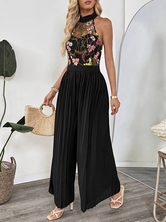 Embroidered Mesh Halter Neck Pleated Jumpsuit