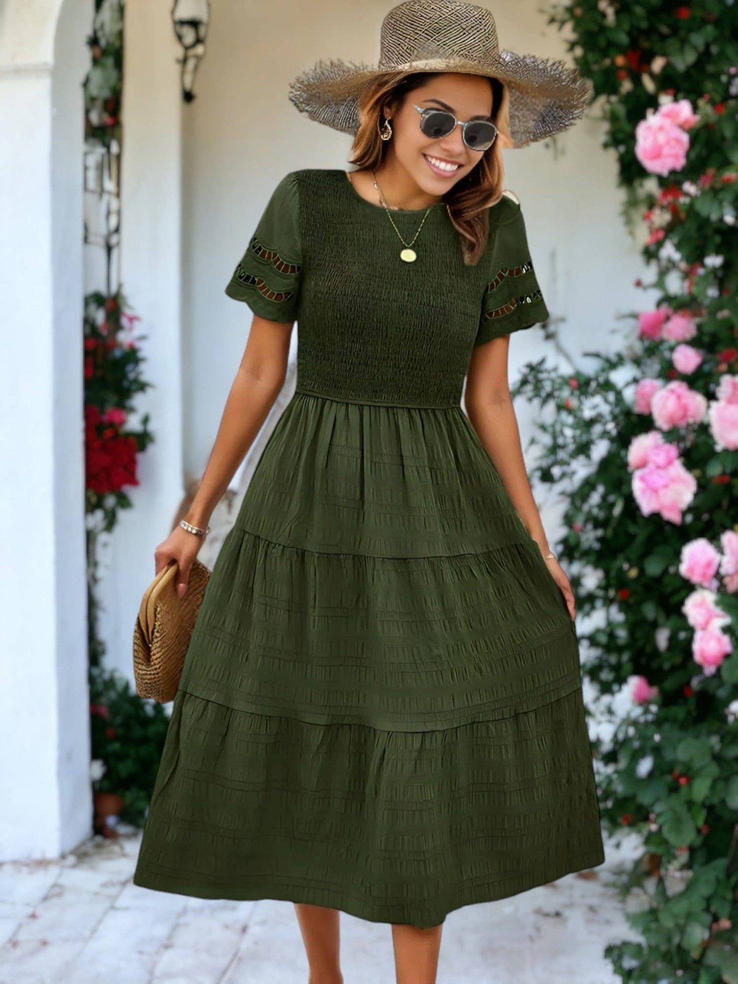 Solid Color Hallow Eyelet Sleeve Tier Midi Dress