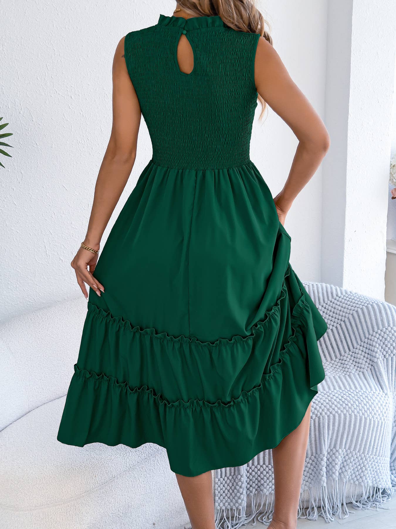 Smocked Bodice Tiered Midi Dress