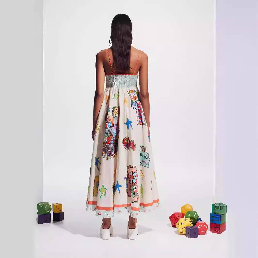 Linen Graffiti Print Swing Dress