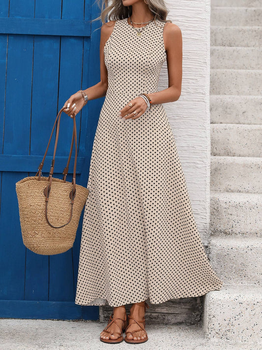Polka Dot Maxi Dress with Open Back Tie Detail Sleeveless