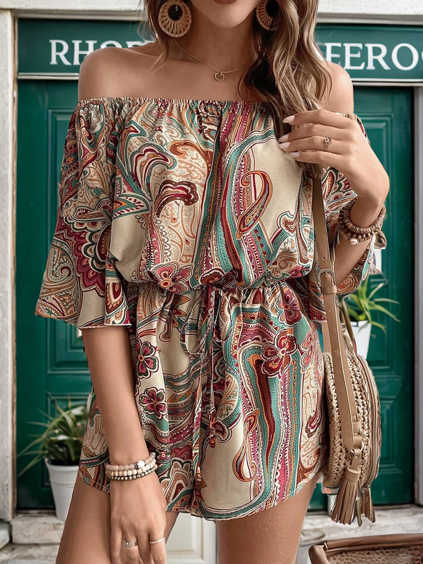 Boho Paisley Off-Shoulder Tie-Waist Romper