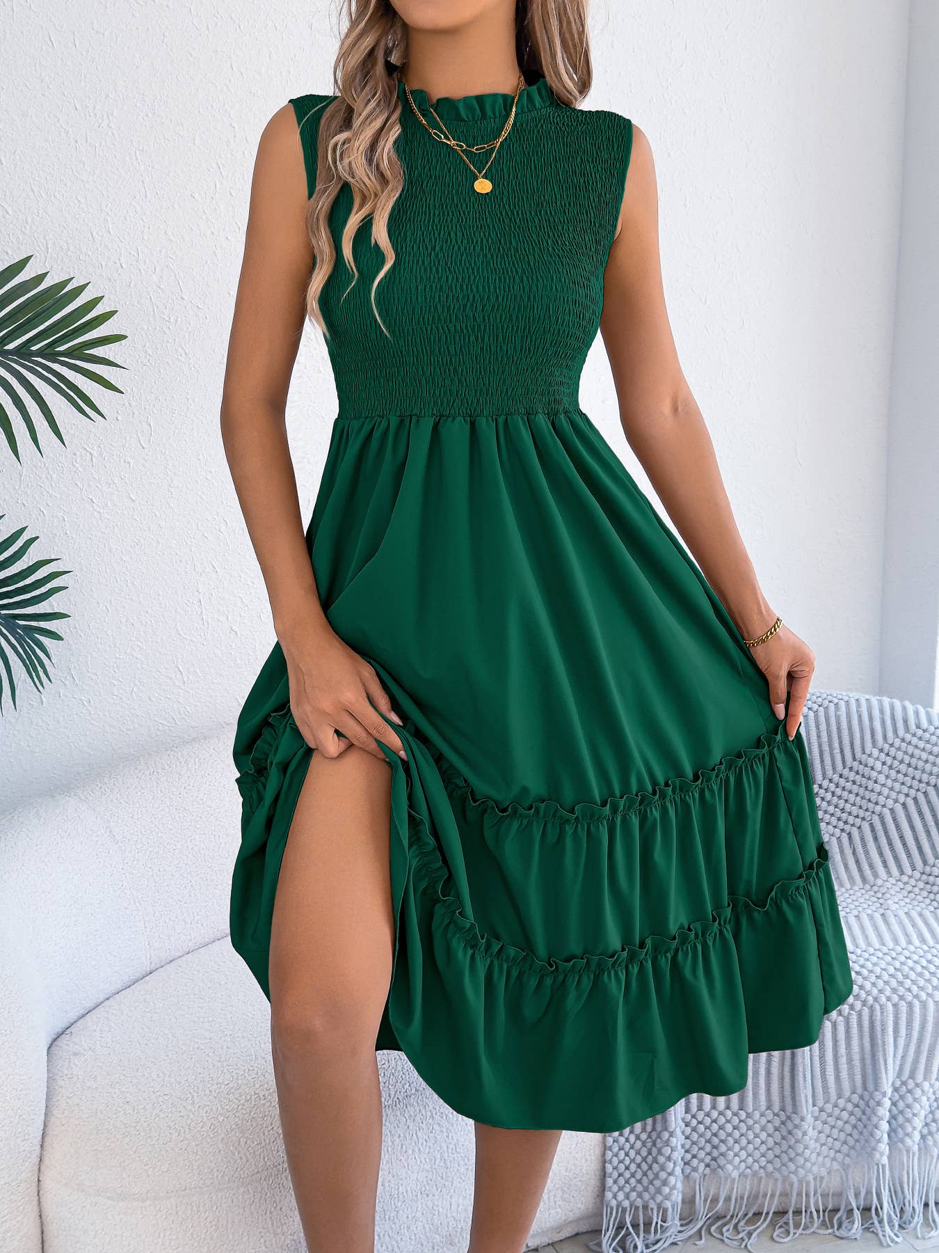 Smocked Bodice Tiered Midi Dress
