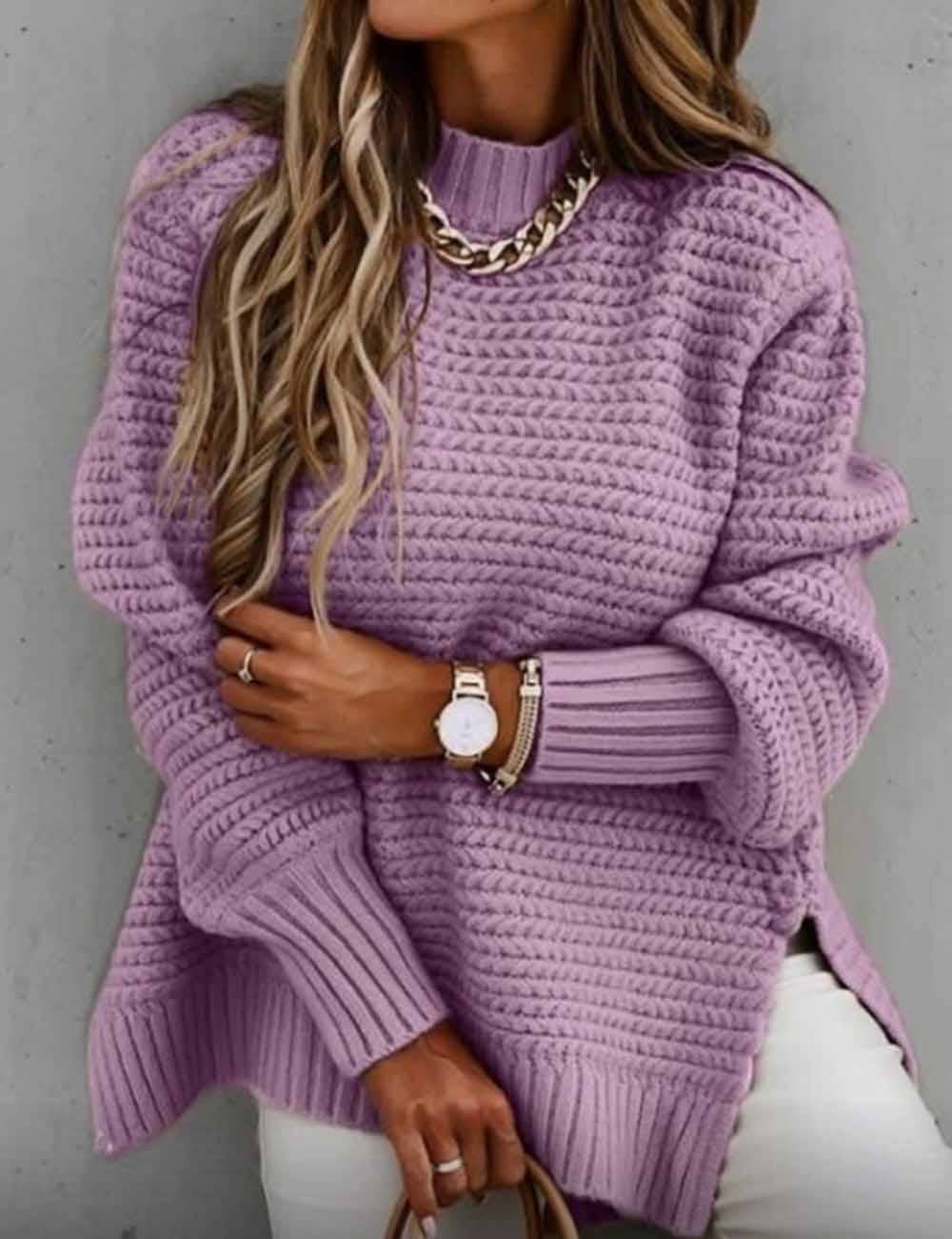 Ladies Solid Color Pullover Side Split Long Sleeves Sweater