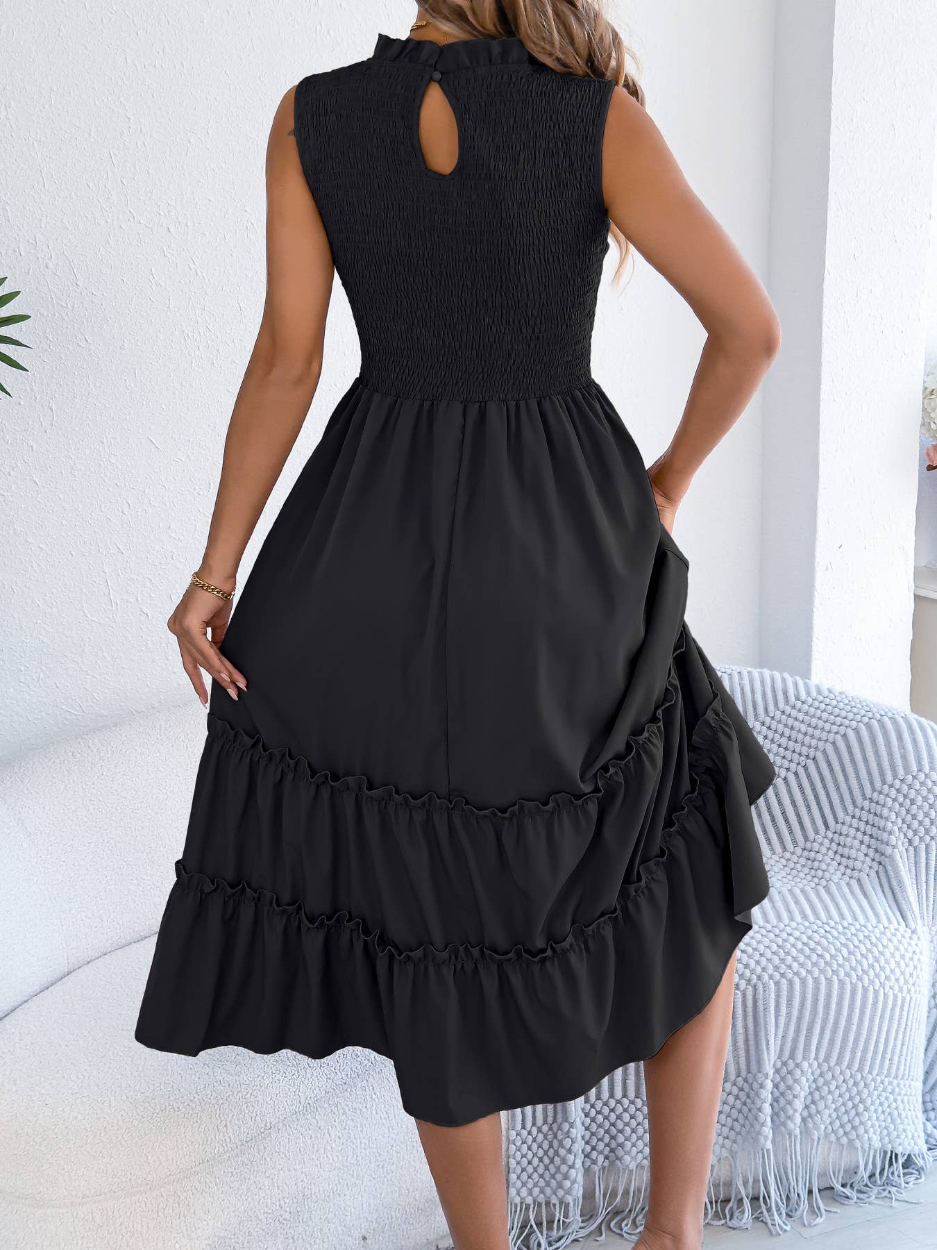 Smocked Bodice Tiered Midi Dress