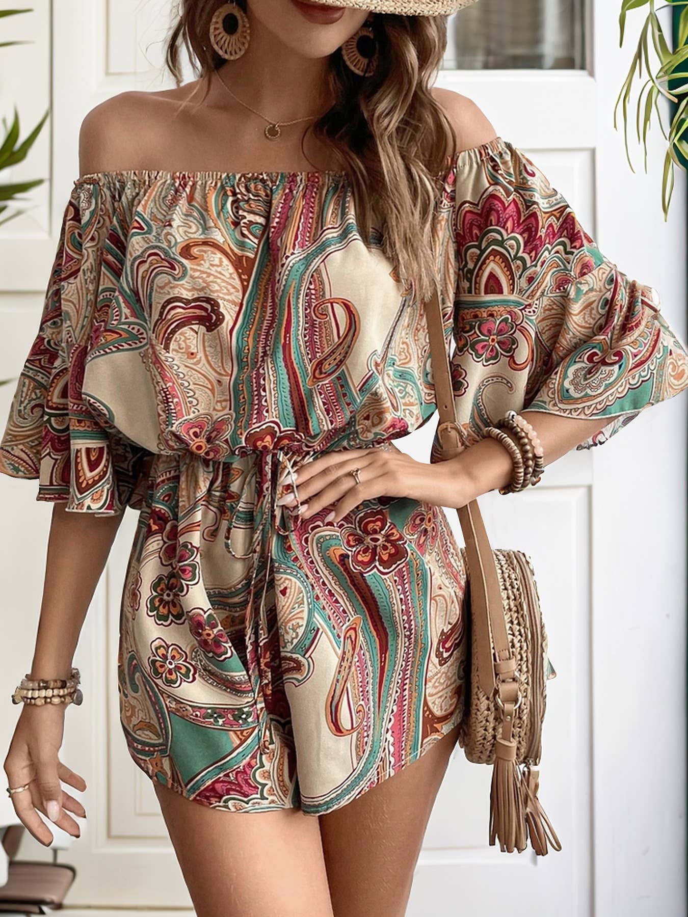 Boho Paisley Off-Shoulder Tie-Waist Romper