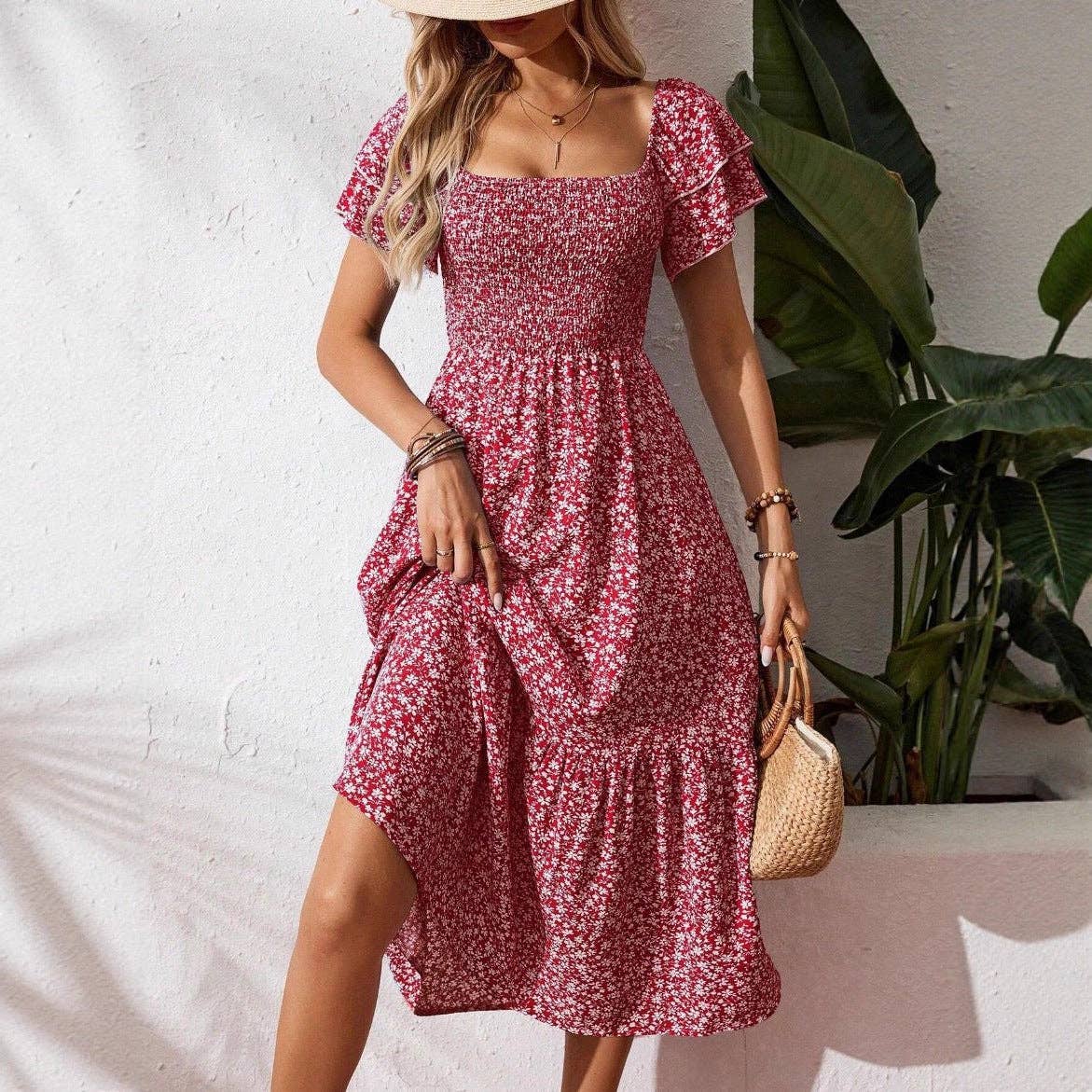 Floral Square Neck Smocked Short Sleeve Maxi Summer Dress