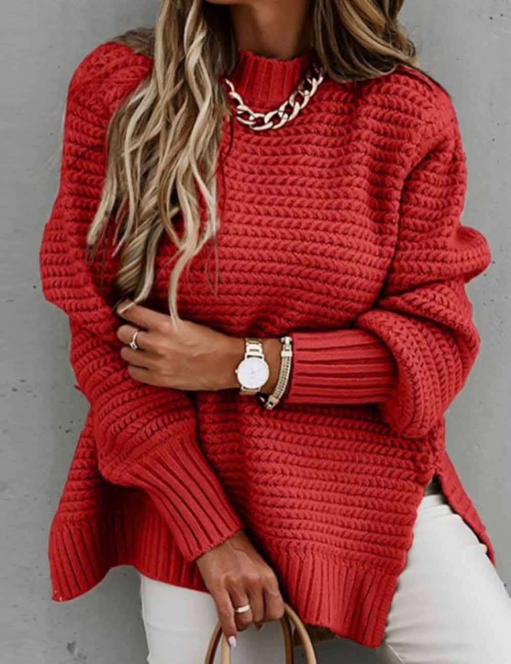 Ladies Solid Color Pullover Side Split Long Sleeves Sweater
