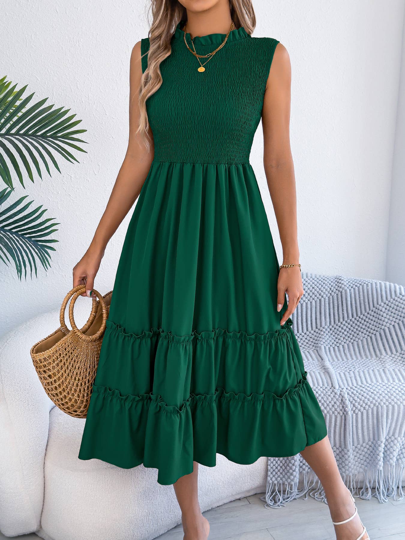 Smocked Bodice Tiered Midi Dress